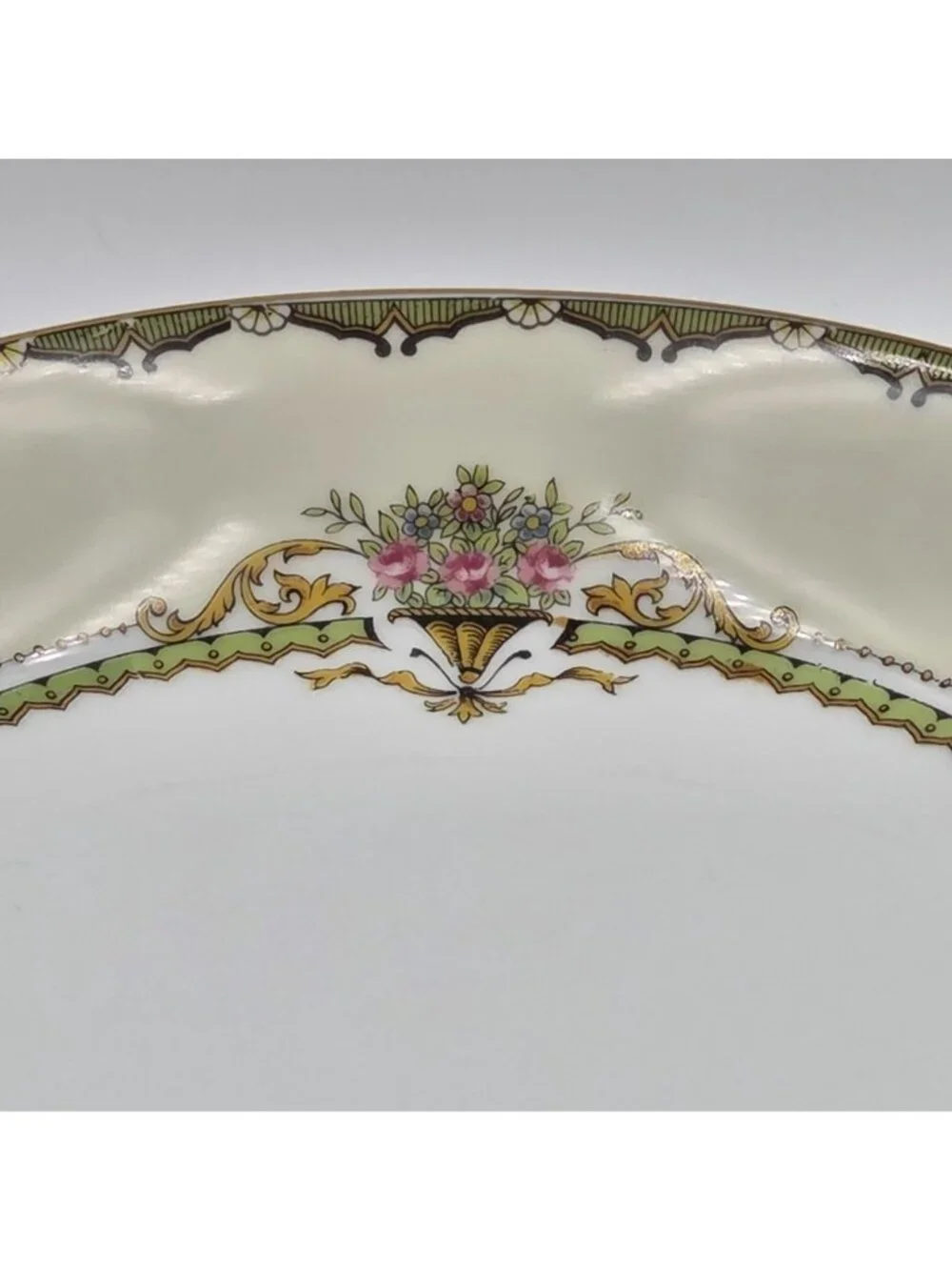 Noritake Penelope Set of 2 Coupe Soup Bowl Green Border Pink Roses Urn Gold Trim
